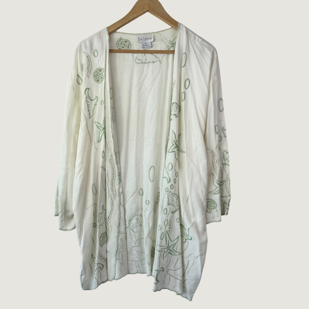 Bali Emerald Embroidered Sea Shell Kimono Cardigan 2X Ivory‎ Green Coastal Boho